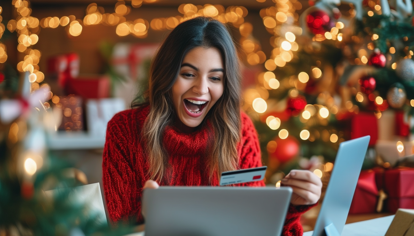 A shopper excitedly browsing online deals on a lap